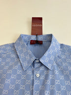 Blue Gucci long-sleeve shirt with allover logo pattern, buttoned collar