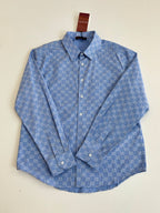 Blue Gucci long-sleeve button-up with allover logo pattern and front button placket