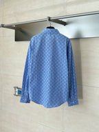 Blue Gucci long-sleeve button-up with allover logo pattern, back view