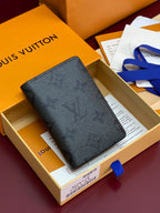 Small leather card holder wallet, dark blue-gray with textured finish