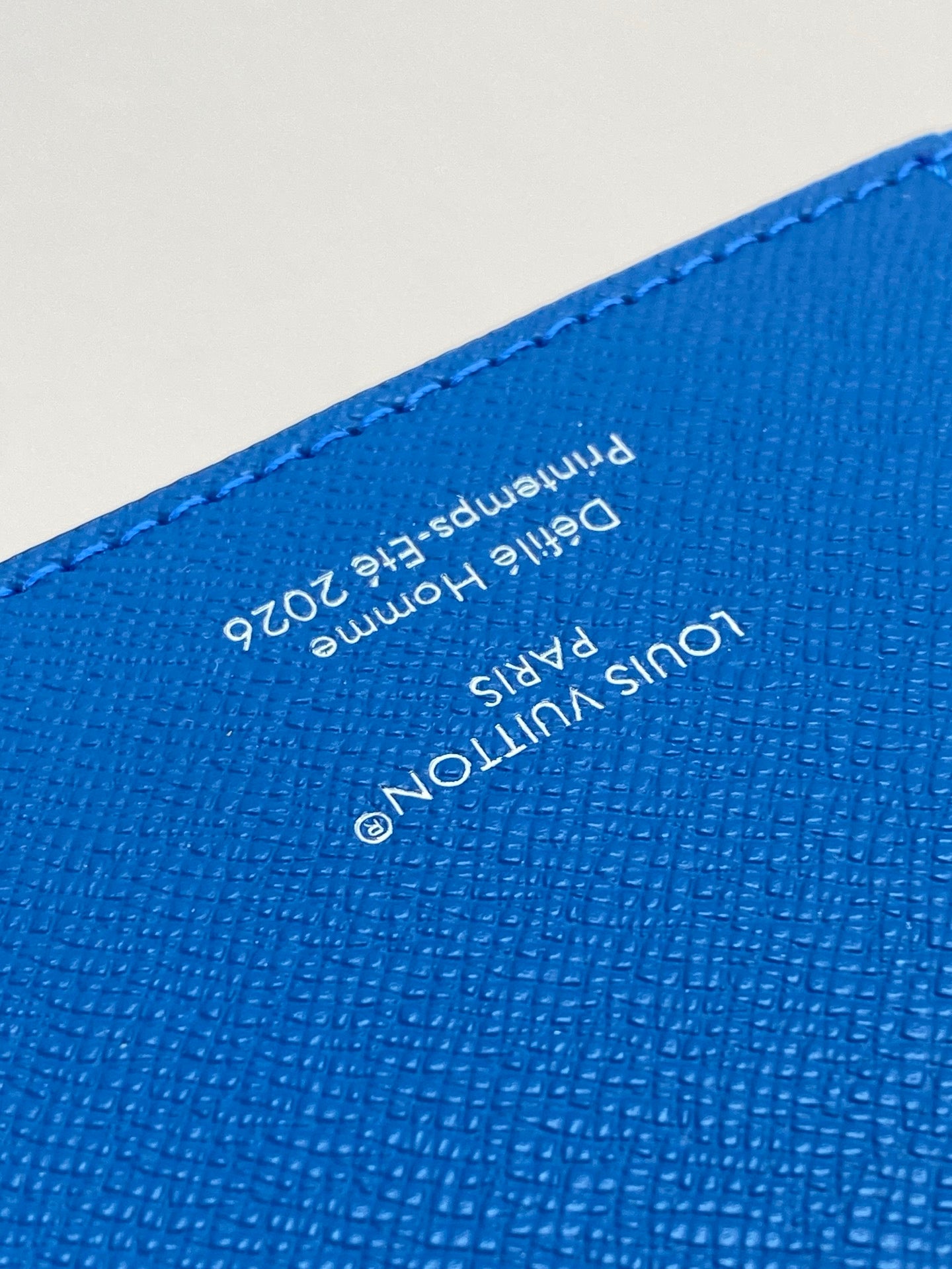 Louis Vuitton small bag close-up, blue embossed text and stitched edge