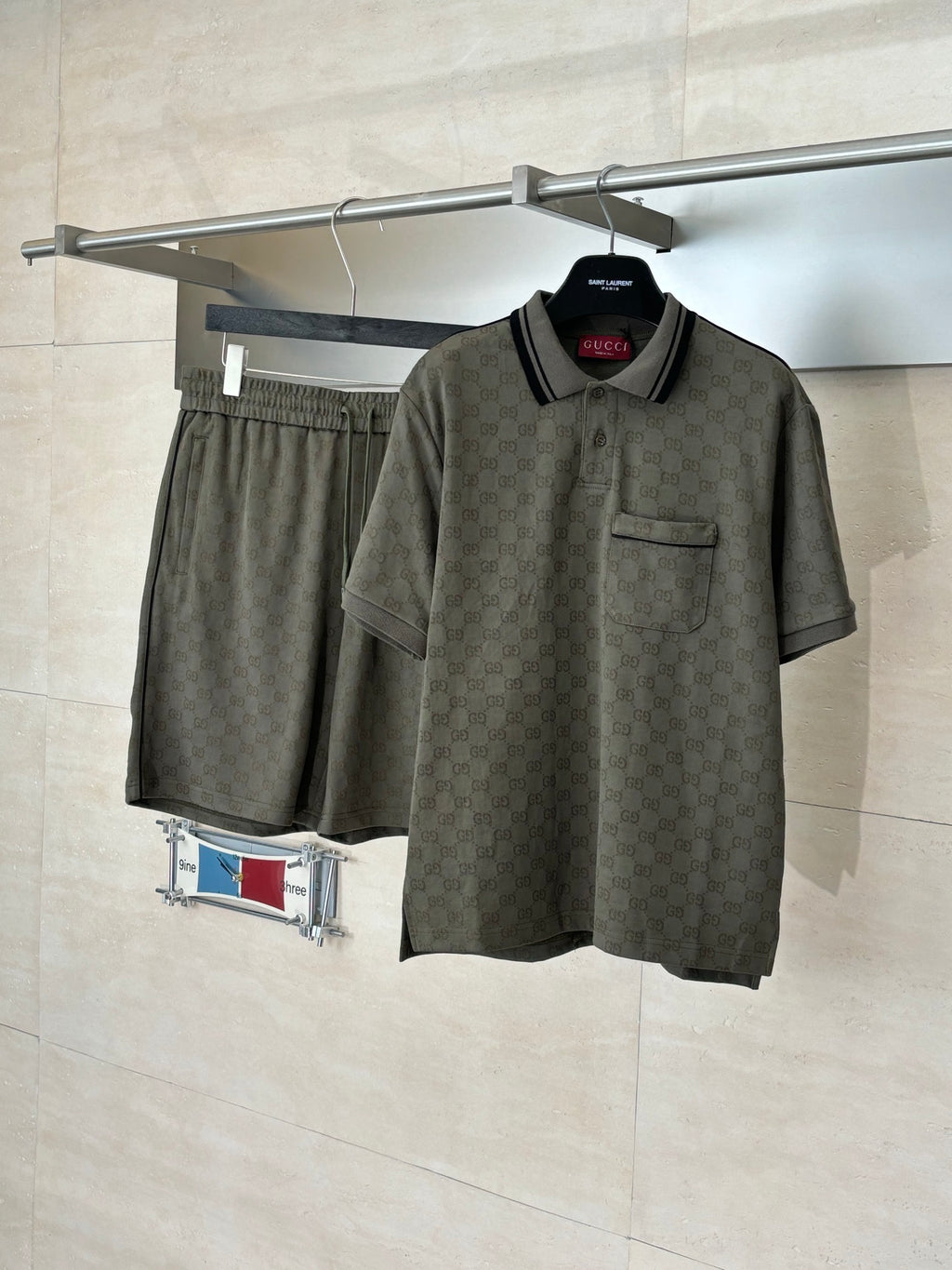 Gucci monogram polo shirt and matching shorts set, dark olive with black trim