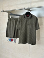Gucci monogram polo shirt and matching shorts set, dark olive with black trim