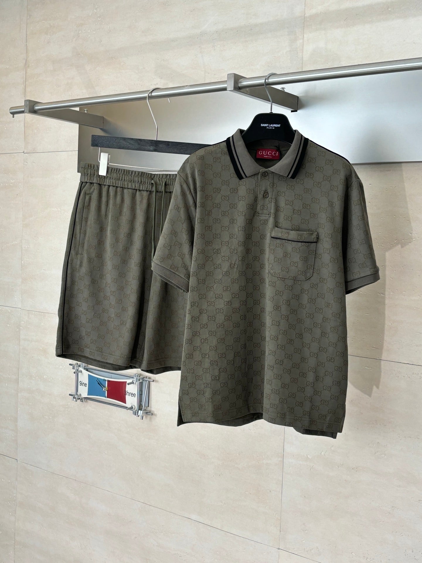 Gucci monogram polo shirt and matching shorts set, dark olive with black trim