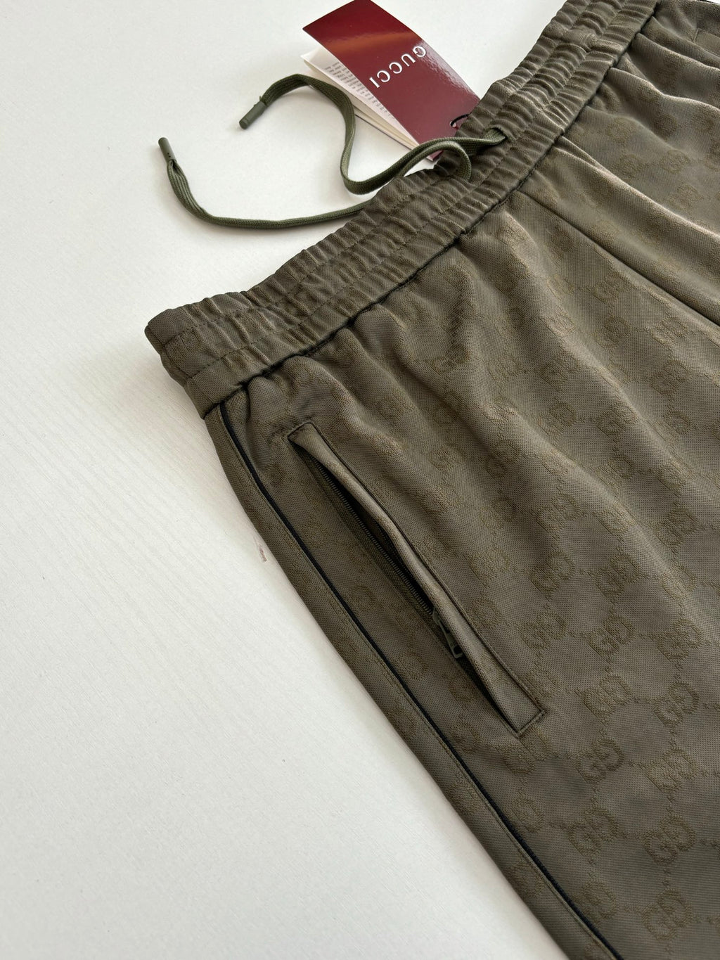 Gucci monogram shorts with elastic waist and drawstring, dark olive