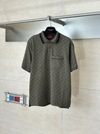 Gucci monogram short-sleeve polo shirt with black trim and chest pocket, dark olive