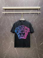 Black graphic T-shirt with neon blue and pink Medusa face front