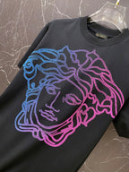 Black graphic T-shirt with large neon blue and pink Medusa face print