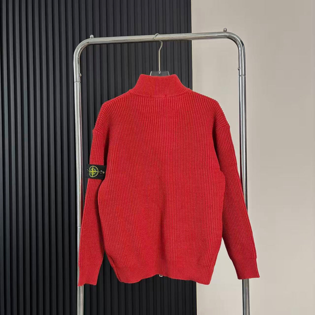 Red knit zip-up sweater back view with high collar and full length front zipper
