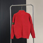 Red knit zip-up sweater back view with high collar and full length front zipper