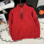 Red knit zip-up sweater with high collar, front zipper, Stone Island label tag