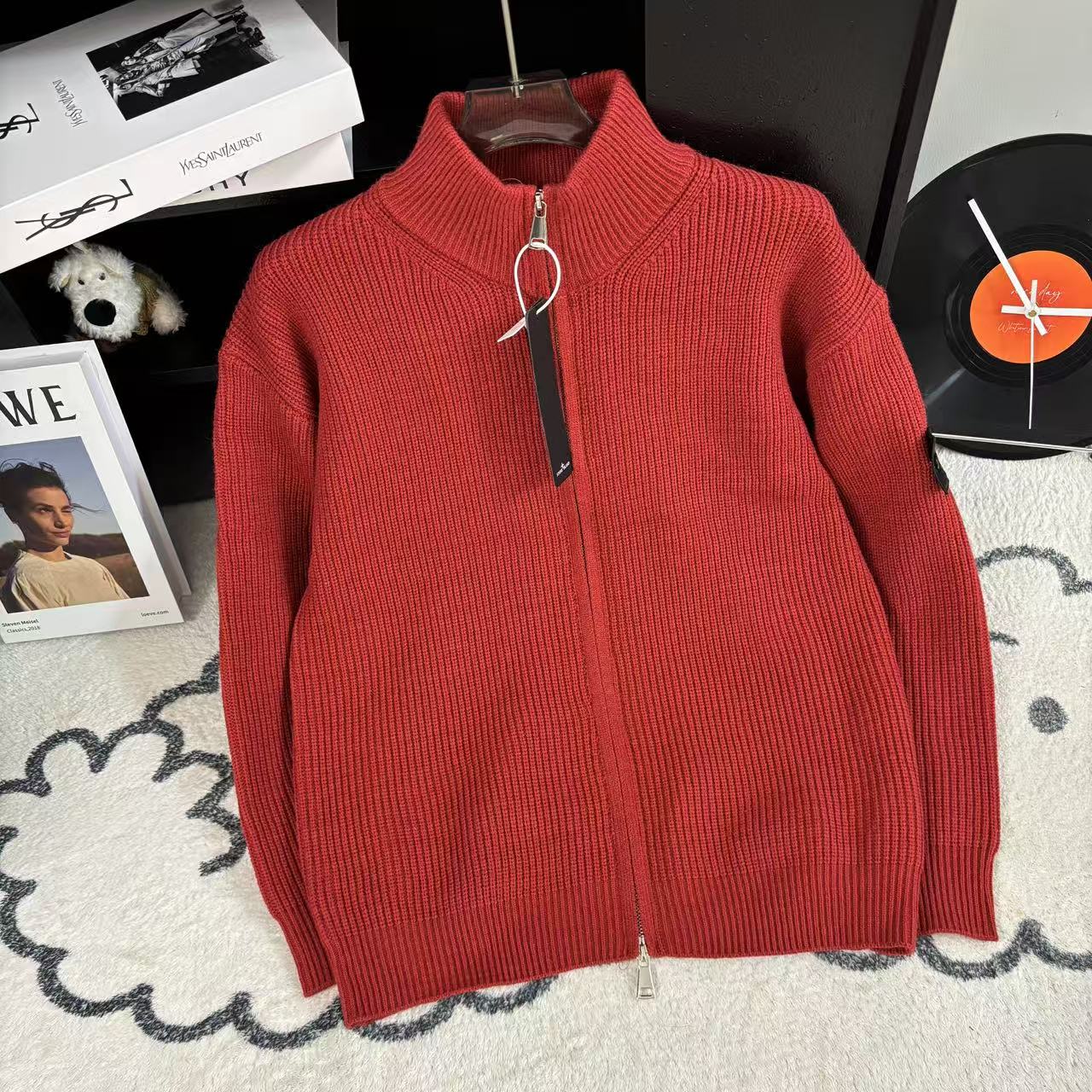 Red knit zip-up sweater with high collar, front zipper, Stone Island label tag