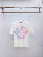 White crewneck T-shirt with blue and pink Medusa face graphic