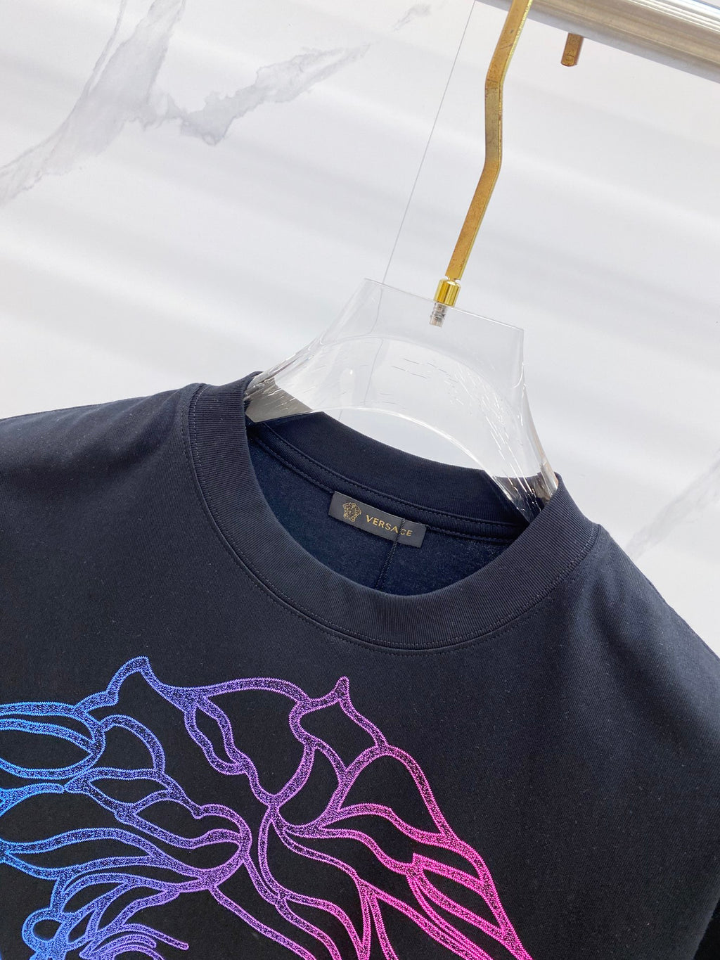 Versace T-shirt crew neck with brand label and colorful chest graphic