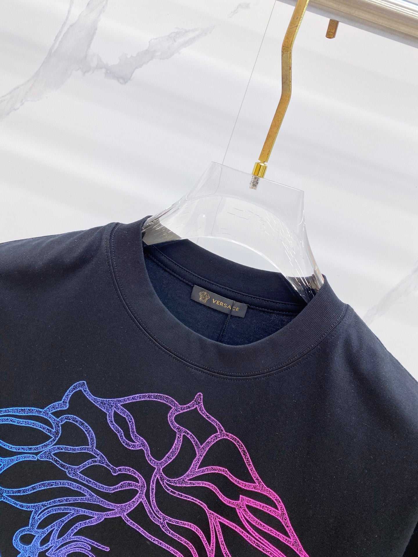 Versace T-shirt crew neck with brand label and colorful chest graphic