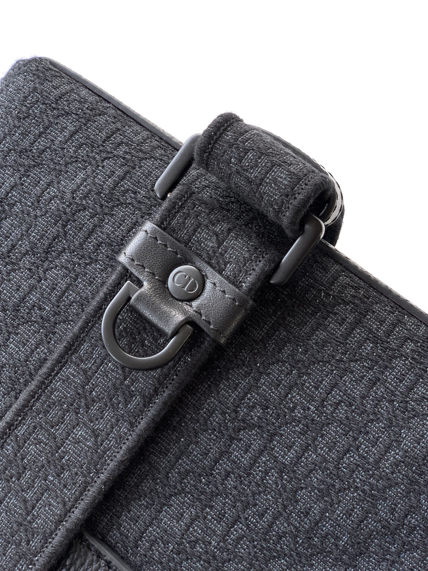 Dior bag belt strap close-up with buckle and dark textured panel