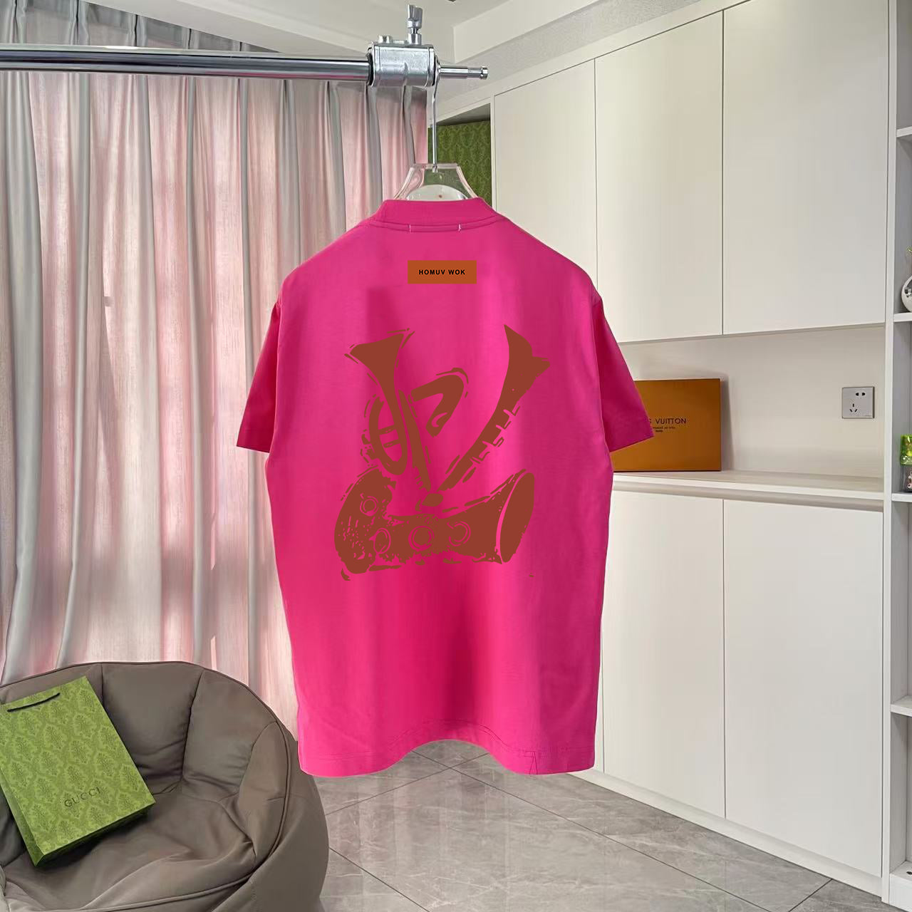 Louis Vuitton pink T-shirt back view with large logo graphic