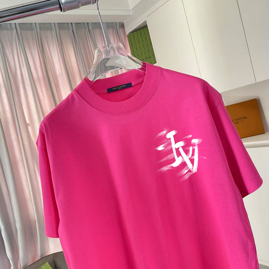Louis Vuitton pink T-shirt close-up with white logo print on chest