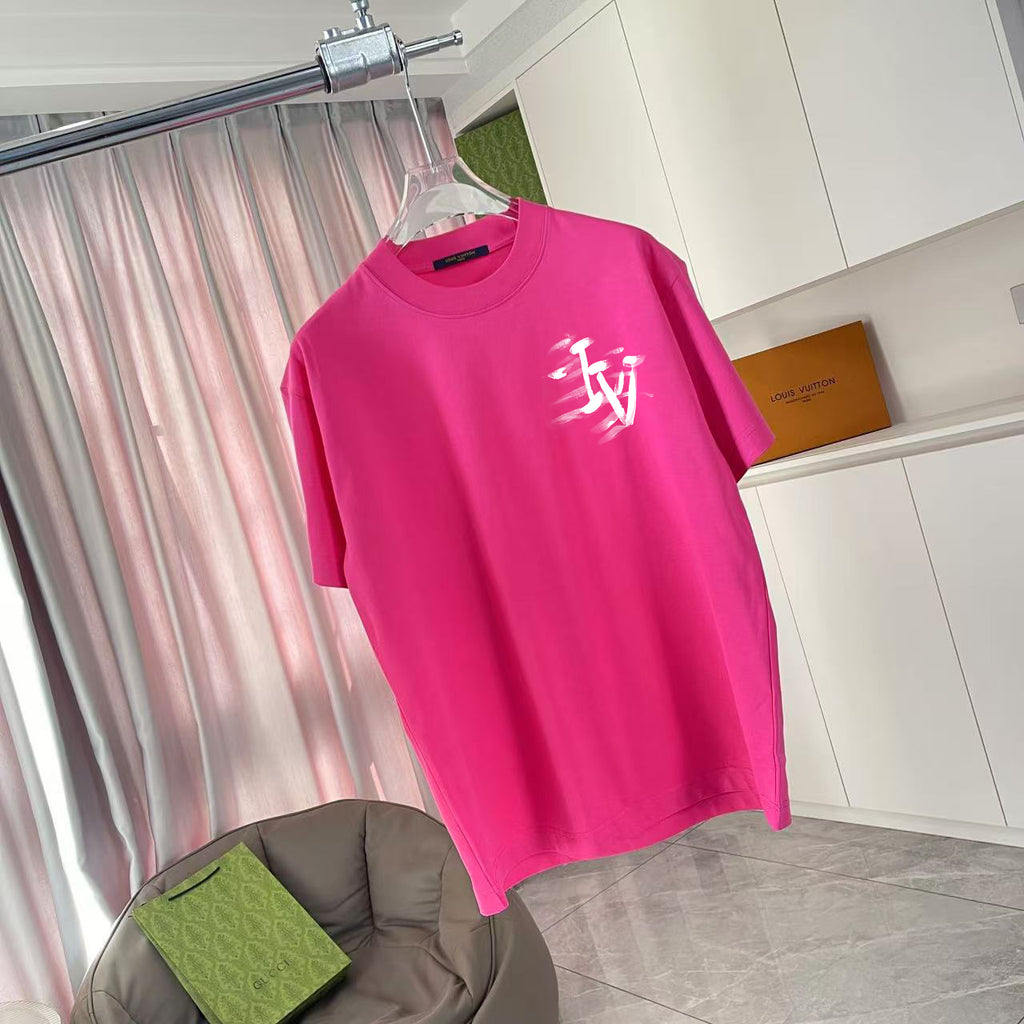 Louis Vuitton pink T-shirt on hanger, white logo graphic on front