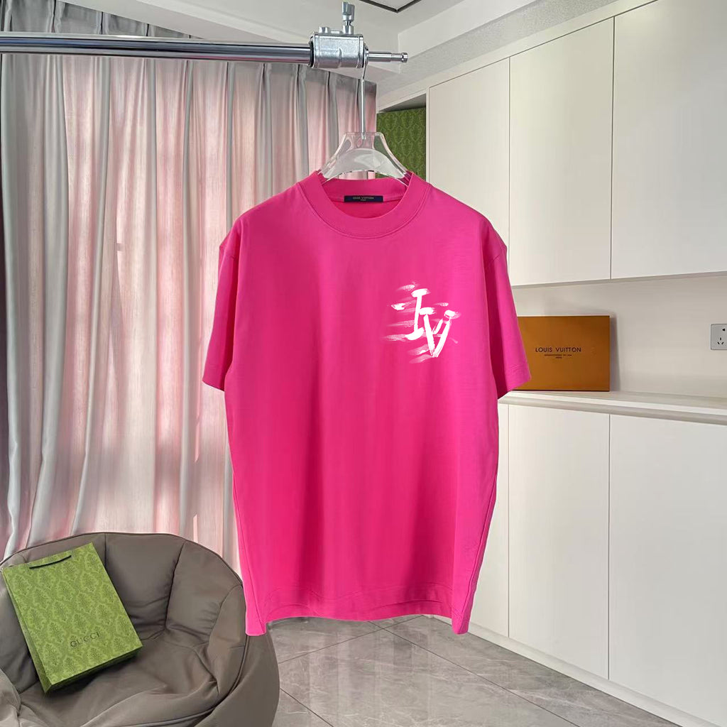 Louis Vuitton pink T-shirt on hanger with white logo print on chest