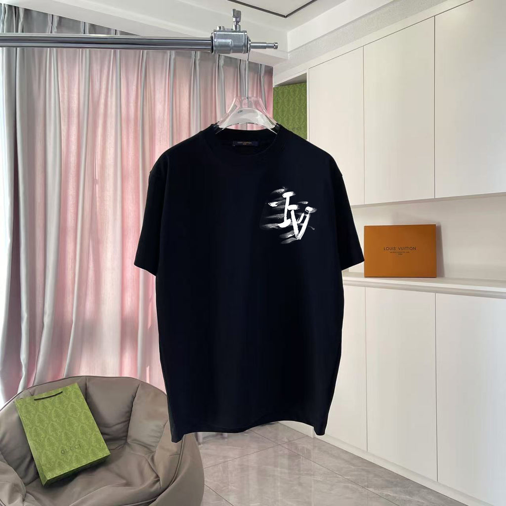 Louis Vuitton black short-sleeve T-shirt with white logo graphic at chest