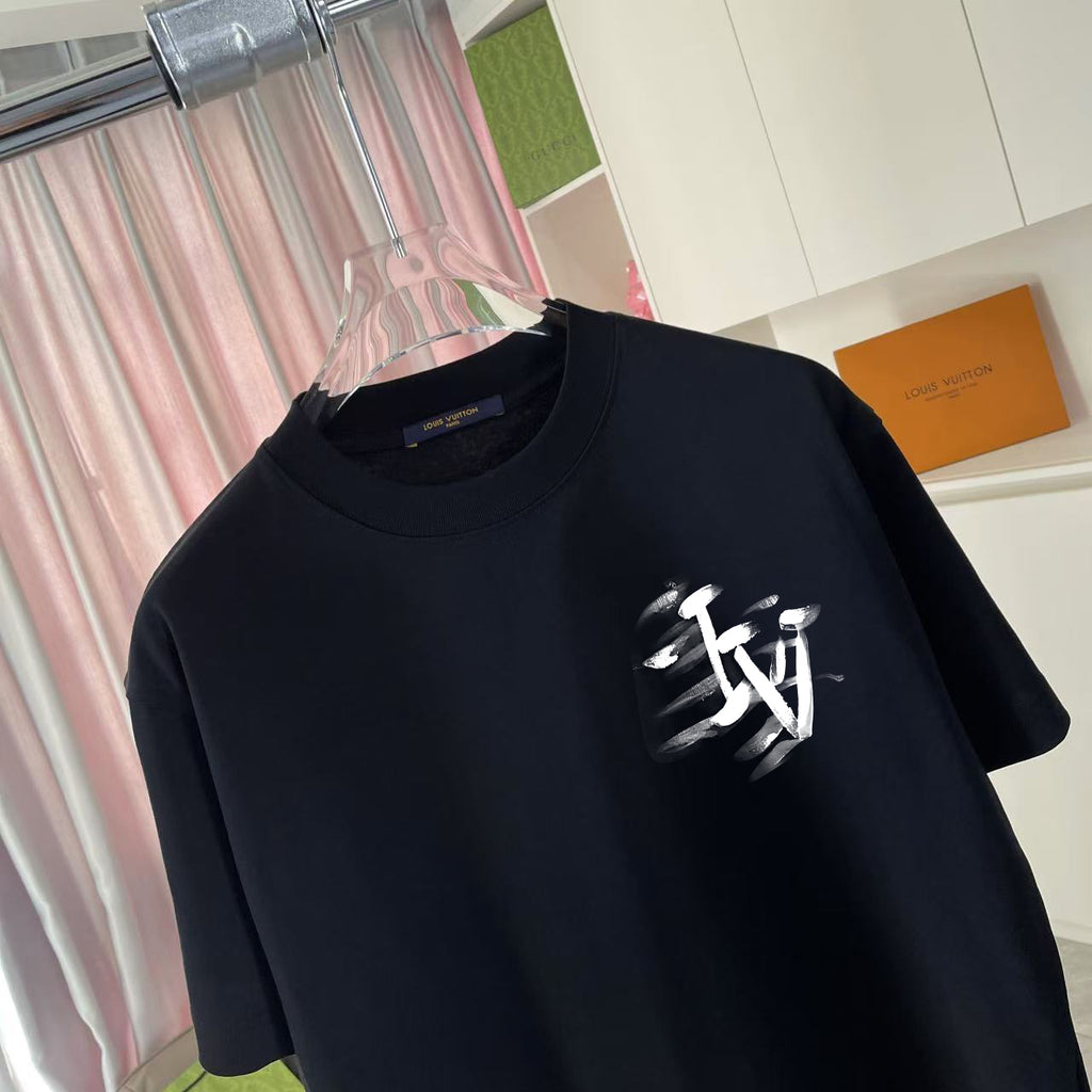 Black short-sleeve T-shirt showing white logo graphic detail on chest