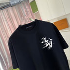 Black short-sleeve T-shirt showing white logo graphic detail on chest