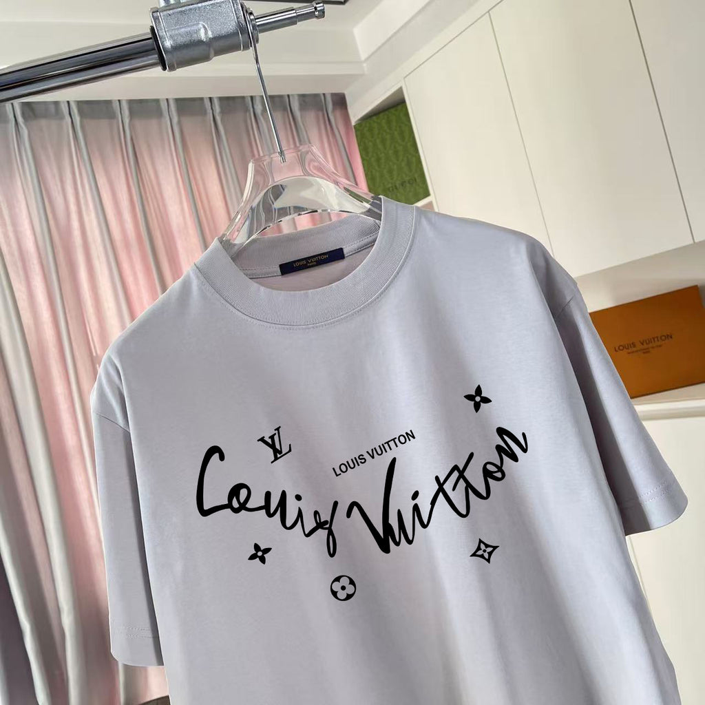 Light gray T-shirt with large logo script print and scattered star icons