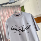 Light gray T-shirt with large logo script print and scattered star icons