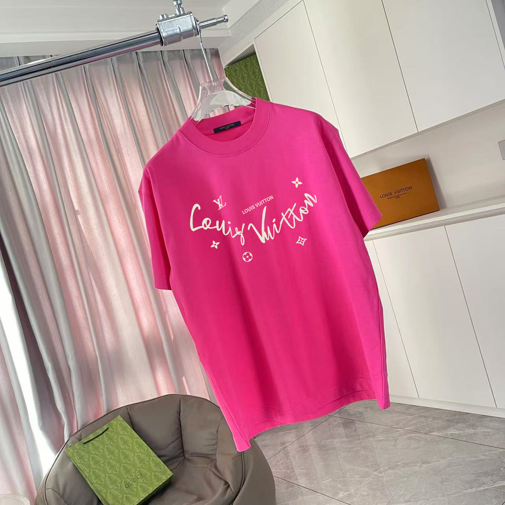 Louis Vuitton fuchsia T-shirt with front logo graphic, crew neck and short sleeves