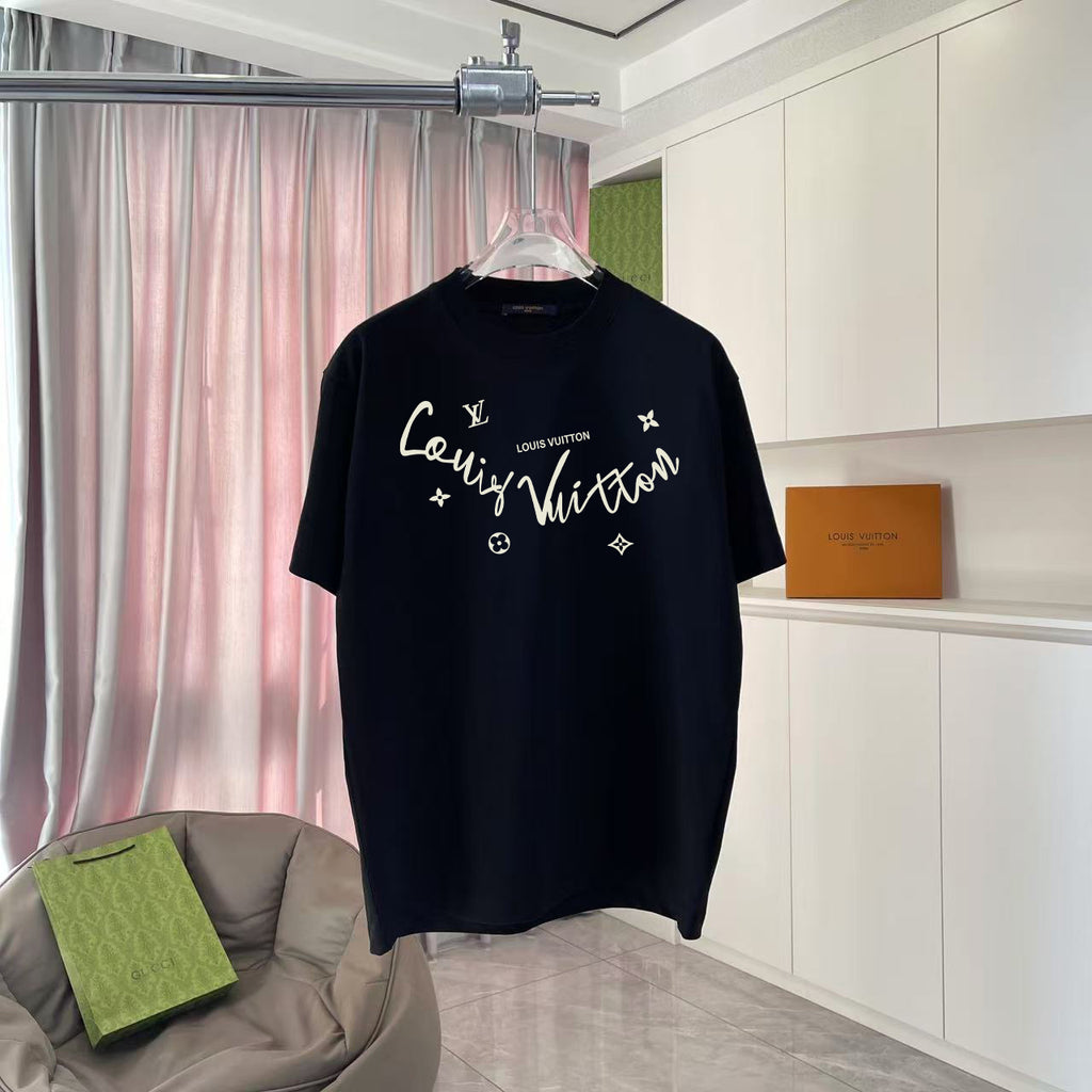 Louis Vuitton T-shirt, black, front graphic with gold script and small monogram icons