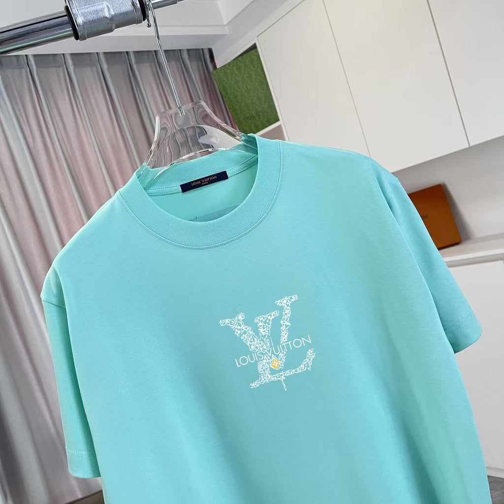 Louis Vuitton turquoise crewneck T-shirt with white chest emblem logo, short sleeves