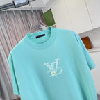 Louis Vuitton turquoise crewneck T-shirt with white chest emblem logo, short sleeves