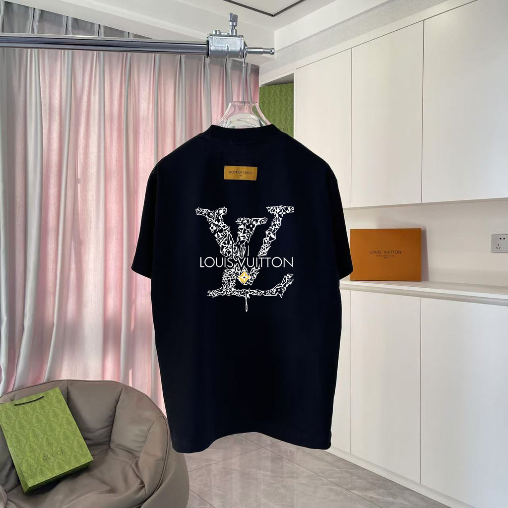 Black T-shirt back view with embellished Louis Vuitton logo graphic