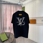 Black T-shirt back view with embellished Louis Vuitton logo graphic