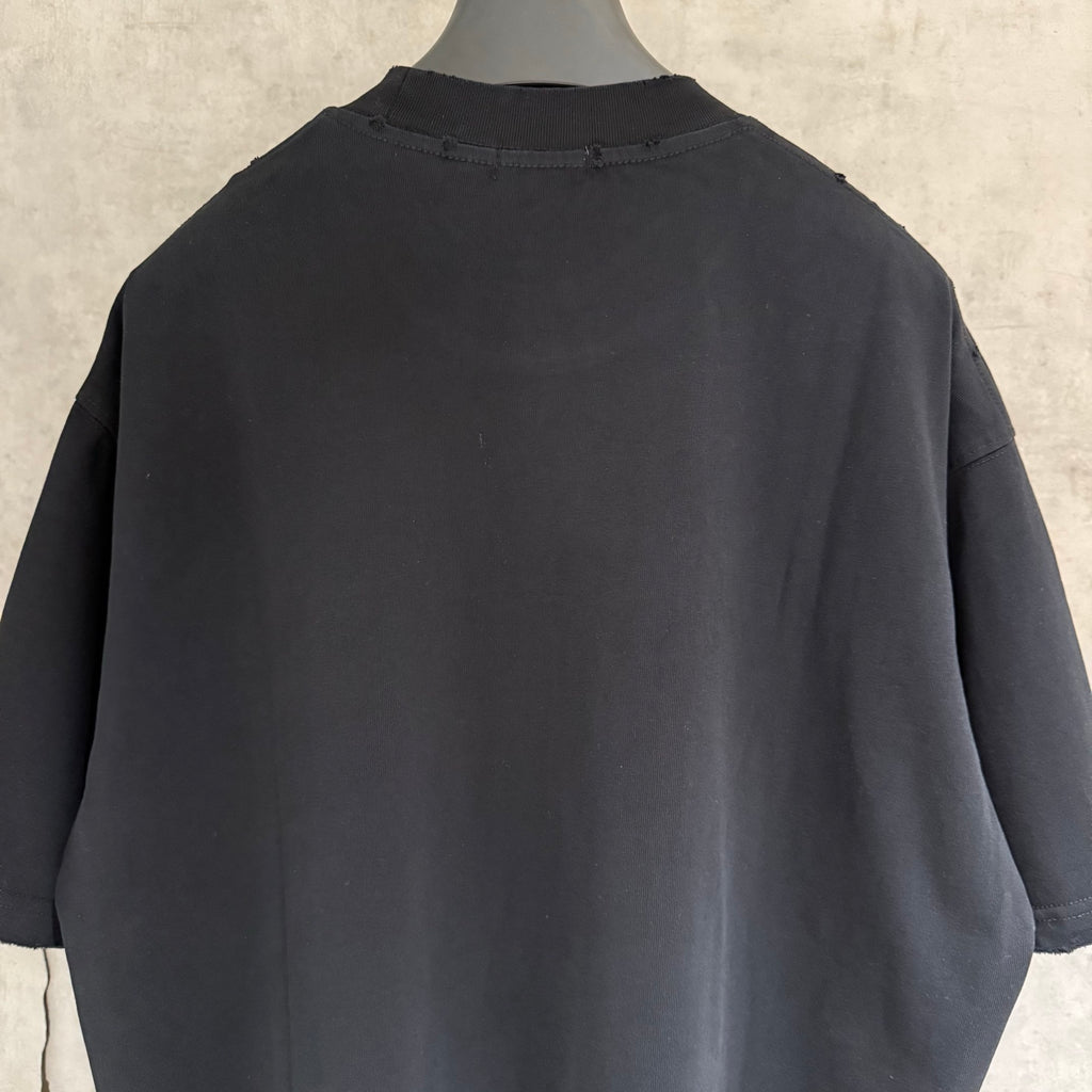 Black short-sleeve T-shirt back view with curved hem.