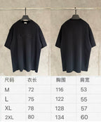 Short-sleeve T-shirt size chart: M–2XL with chest, length, and sleeve width.