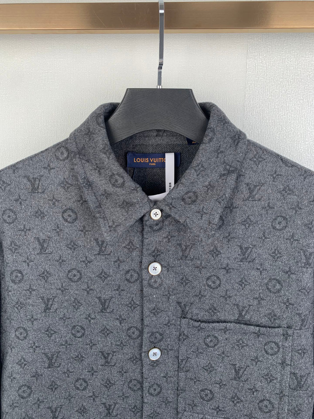 Dark gray monogram button-up shirt close-up of collar and chest pocket