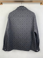 Dark gray monogram button-up shirt back view with stand collar and buttoned cuffs