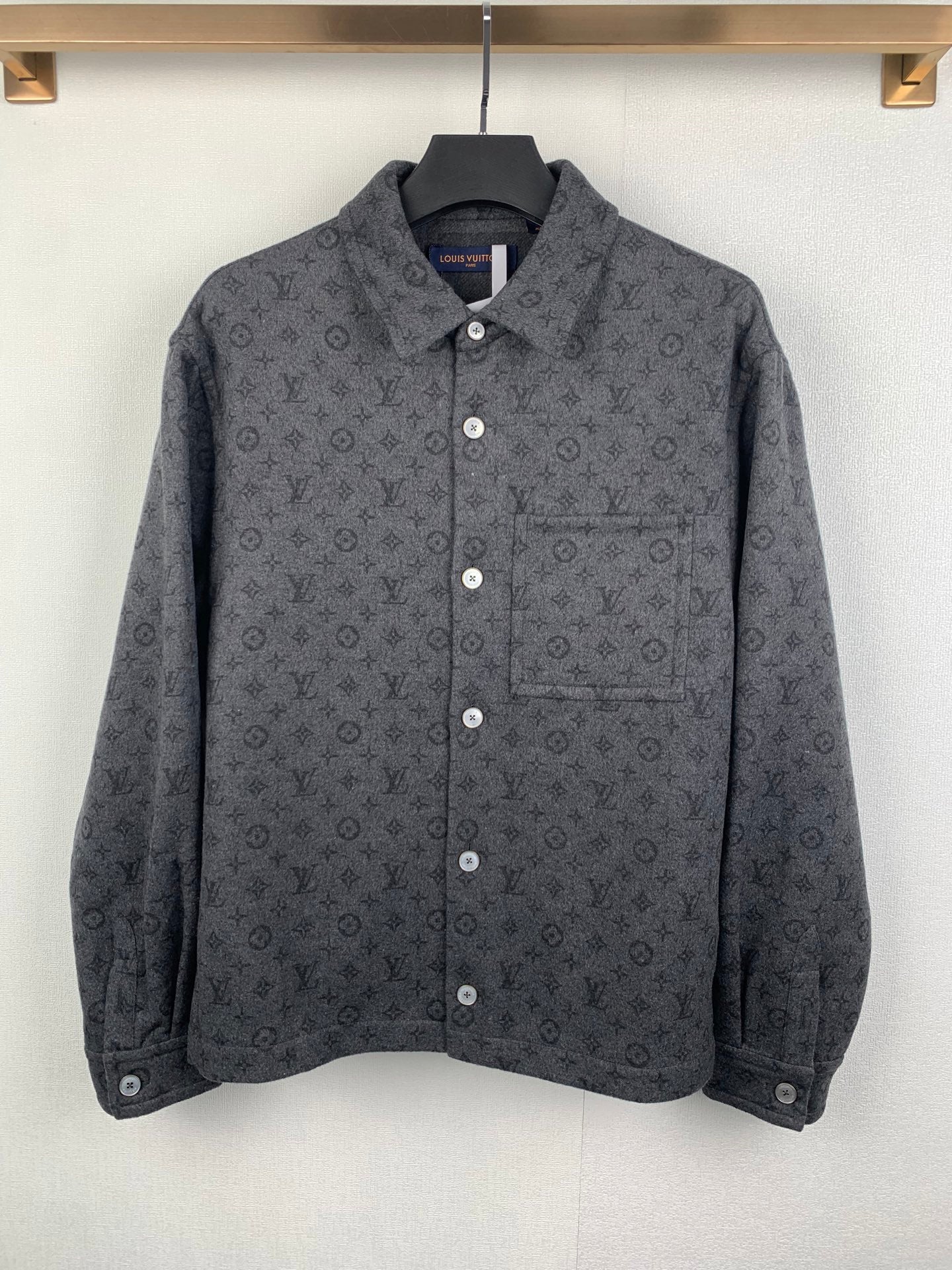 Louis Vuitton dark gray monogram button-up shirt with chest pocket and white buttons