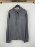 Gray zip-up hoodie with drawstring hood and front zipper