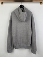 Gray hoodie with draped cowl hood, kangaroo pocket, long sleeves