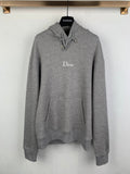 Gray long-sleeve hoodie with front pouch pocket, drawstring hood, Dior logo