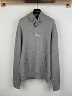 Gray long-sleeve hoodie with front pouch pocket, drawstring hood, Dior logo