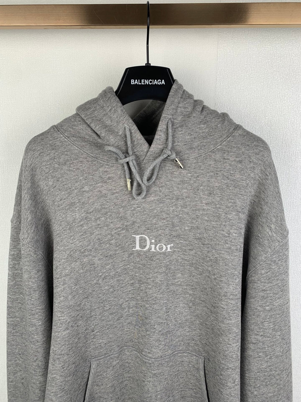 Gray pullover hoodie with kangaroo pocket, drawstring hood, Dior logo