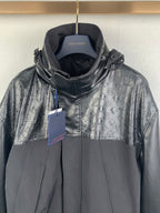 Louis Vuitton hooded long jacket with monogram logo pattern and front zipper