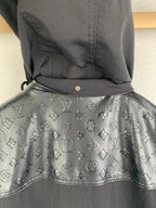 Long coat with monogram print hood and drawstring, dark fabric with gray logo pattern