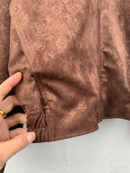 Dark brown monogram zip-up hooded jacket with gathered elastic hem and cuff