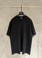 Black short-sleeve crewneck T-shirt with Burberry check-trim cuffs