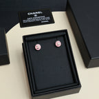Chanel stud earrings in black gift box, round pink enamel CC logo studs